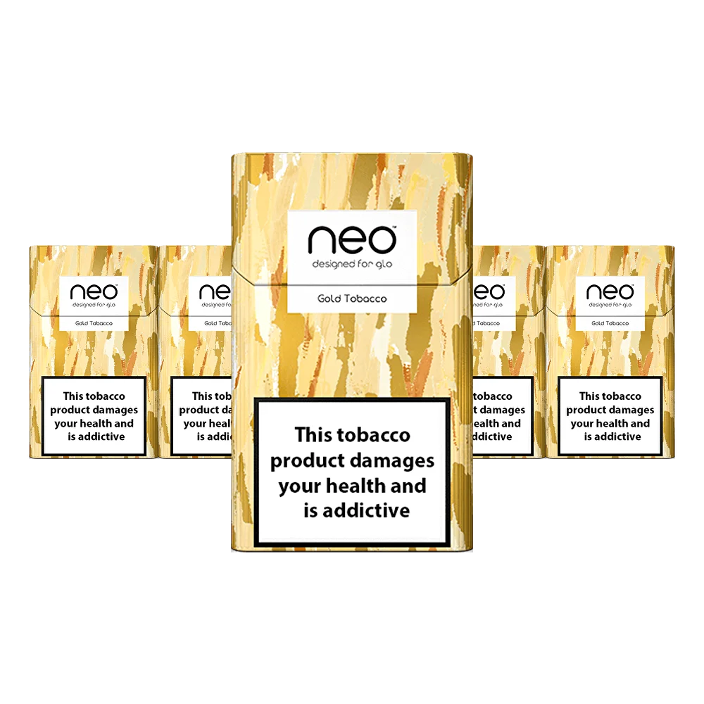 NEO Gold Tobacco heatsticks till Glo, len tobakssmak, guldfärgad förpackning
