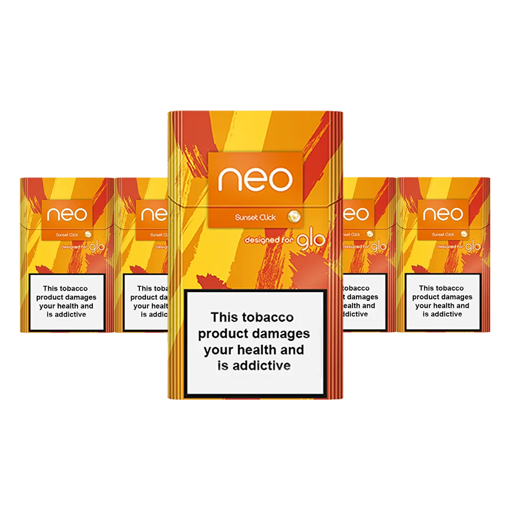 NEO Sunset Click Tabaksticks für Glo, fruchtiger Geschmack, sonnenuntergangsfarbene Verpackung