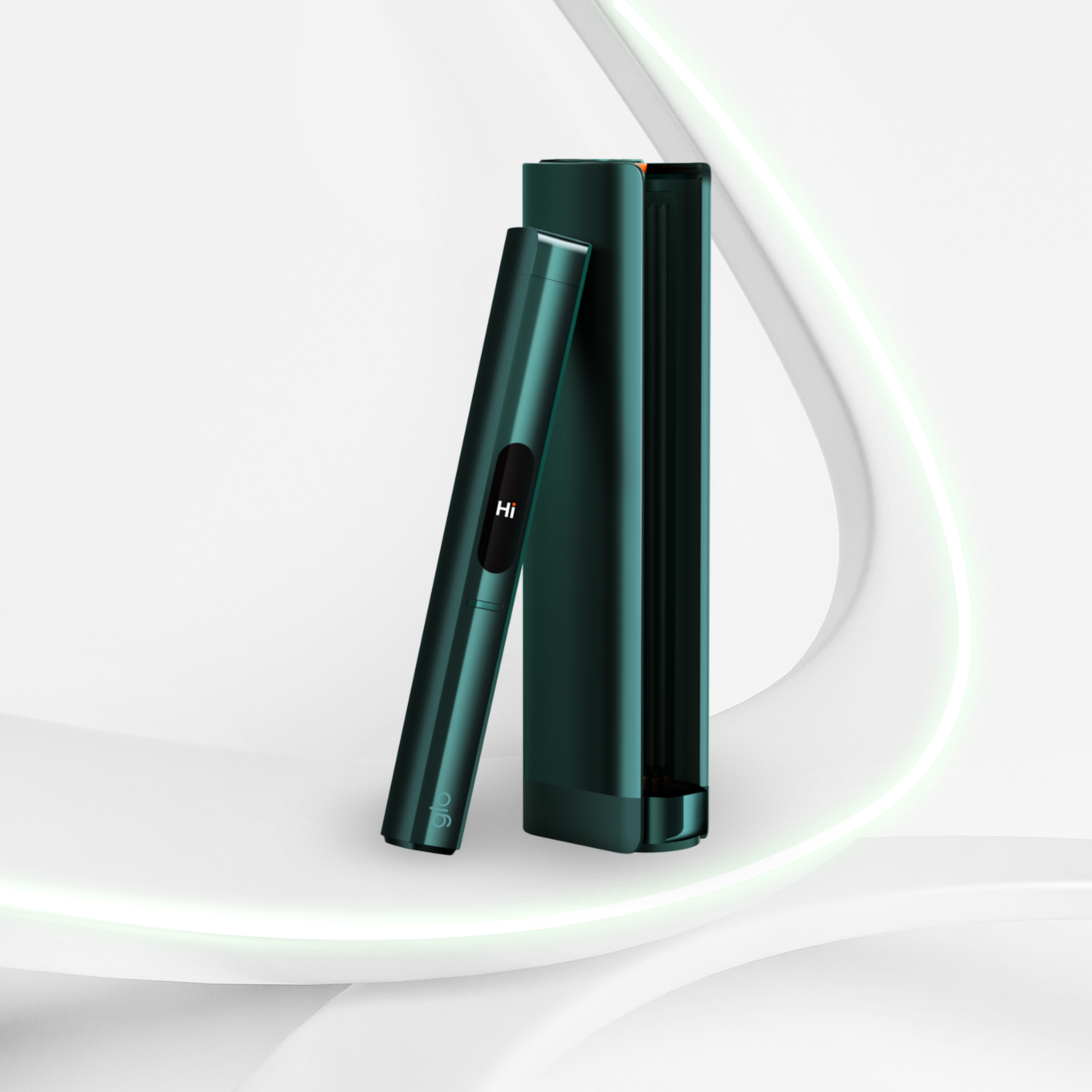 Glo Hilo Plus Emerald device front view with charging case in green design